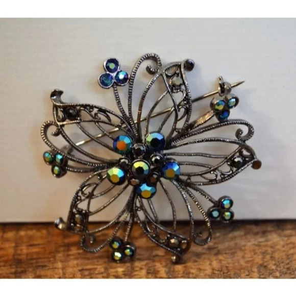 undefined Jewelry - Large Floral Brooch Rhinestone Vintage Jewelry Statement  Piece